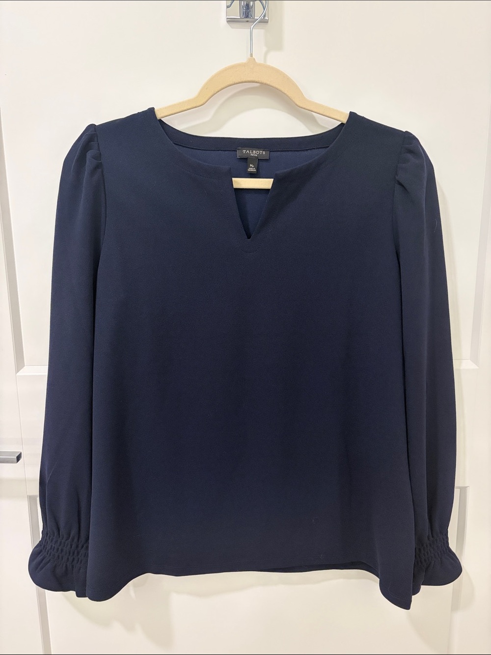 Talbots Navy V-Notch Long-Sleeve Blouse with Smocked Cuffs